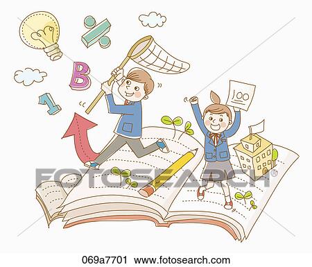 Clip Art - Boy and a girl in school uniform and a book . Fotosearch