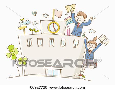 Clipart - Boy and a girl in school uniform and school building. Fotosearch