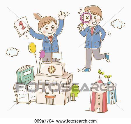 Stock Illustration - Boy and a girl in school uniform and school. Fotosearch