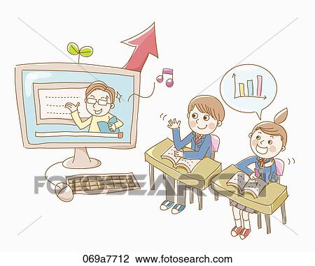 Drawing - Boy and a girl in school uniform studying. Fotosearch