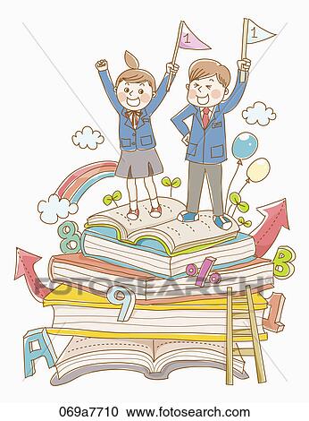 Clipart - Boy and a girl in school uniform on books. Fotosearch