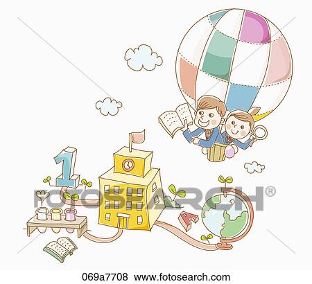 Stock Illustration - Boy and a girl in school uniform on hot air balloon. Fotosearch