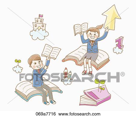Stock Illustration - Boy and a girl in school uniform on books. Fotosearch