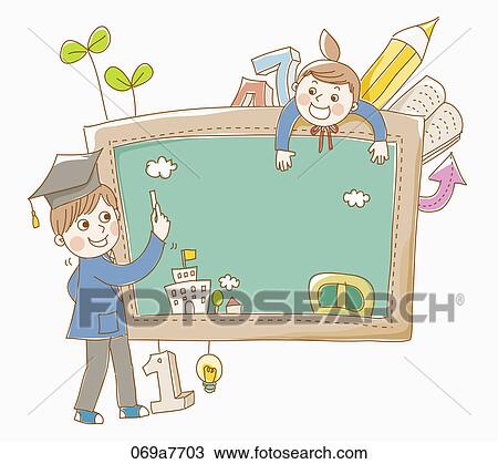 Drawing - Boy and a girl in school uniform with a blackboard. Fotosearch