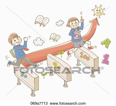 Drawing - Boy and a girl in school uniform with a red arrow. Fotosearch