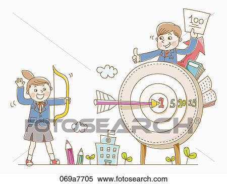 Stock Illustration - Boy and a girl in school uniform with a dart. Fotosearch