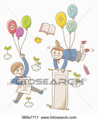 Boy and a girl in school uniform with balloons View Large Illustration Clip Art - Boy and a girl in school uniform with balloons. Fotosearch