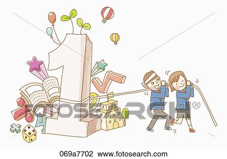Drawing - Boy and a girl in school uniform with number 1. Fotosearch