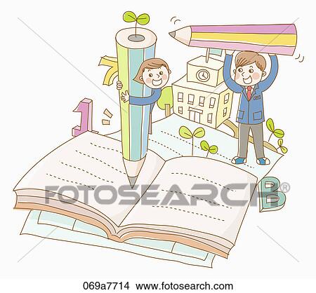 Stock Illustration - Boy and a girl in school uniform with pencils. Fotosearch