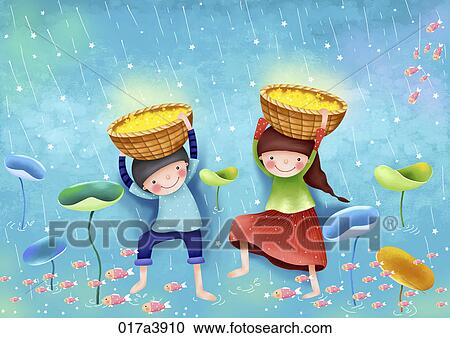 Clipart - Boy and girl with basket of gold stars. Fotosearch