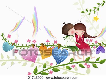 Stock Illustration - Boy kissing girl on leaves. Fotosearch