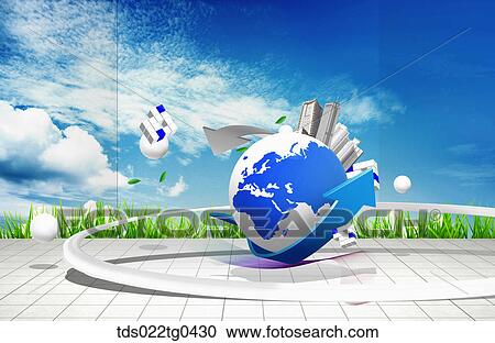 Buildings on a globe with arrows and a sky View Large Illustration Clipart - Buildings on a globe with arrows and a sky. Fotosearch