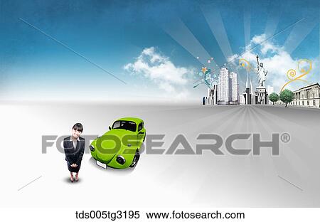 Business woman with a car and buildings View Large Illustration Stock Illustration - Business woman with a car and buildings. Fotosearch