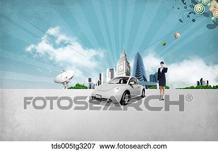 Business woman with a car and buildings View Large Illustration Stock Illustration - Business woman with a car and buildings. Fotosearch