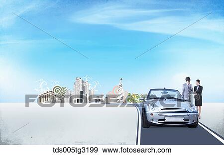Stock Illustration - Businessman and woman with a car and buildings. Fotosearch