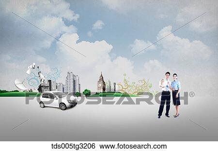 Stock Illustration - Businessman and woman with car and buildings. Fotosearch