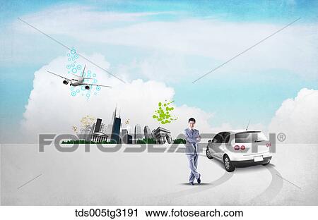 Clip Art - Businessman with a car and buildings. Fotosearch