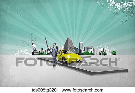 Clip Art - Businessman with a car and buildings. Fotosearch