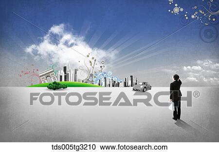 Businessman with a car and buildings View Large Illustration Clipart - Businessman with a car and buildings. Fotosearch