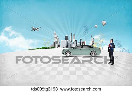Drawing - Businessman with a car and buildings. Fotosearch
