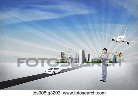 Drawing - Businessman with a car and buildings. Fotosearch