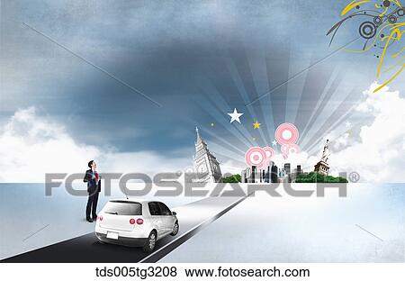 Businessman with a car and buildings View Large Illustration Stock Illustration - Businessman with a car and buildings. Fotosearch