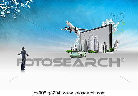 Stock Illustration - Businessman with a car and builidngs. Fotosearch