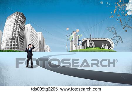 Stock Illustration - Businessman with a road and buildings. Fotosearch