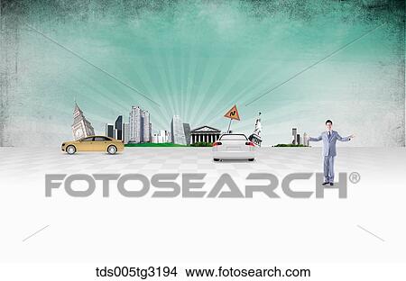 Stock Illustration - Businessman with cars and buildings. Fotosearch