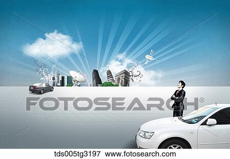 Stock Illustration - Businessman with cars and buildings. Fotosearch