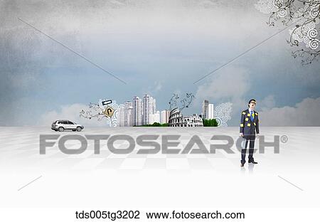 Businessman with post-its and buildings View Large Illustration Drawing - Businessman with post-its and buildings. Fotosearch