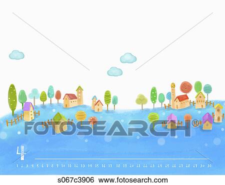 Stock Illustration - Calendar of April with houses. Fotosearch