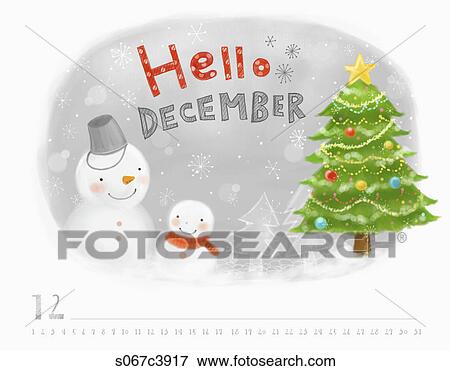 Stock Illustration - Calendar of December with snowman and christmas tree. Fotosearch
