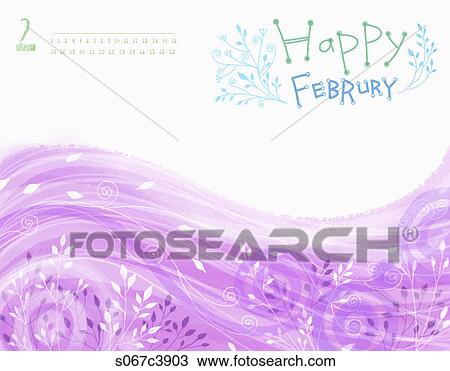 Drawing - Calendar of Happy February with plants in purple. Fotosearch