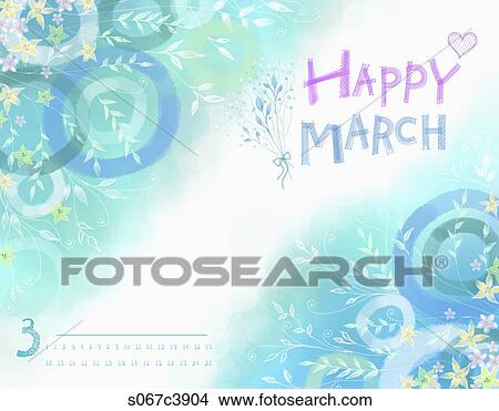 Calendar of Happy March with plants in blue View Large Illustration Stock Illustration - Calendar of Happy March with plants in blue. Fotosearch