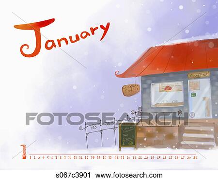 Calendar of January with a cafe View Large Illustration Clip Art - Calendar of January with a cafe. Fotosearch