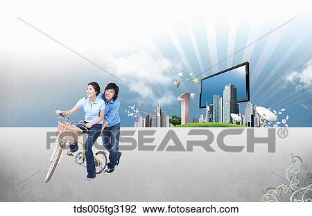 Drawing - Couple on a bicycle with buildings. Fotosearch
