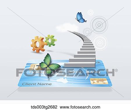 Drawing - Credit card with stairs and butterflies. Fotosearch