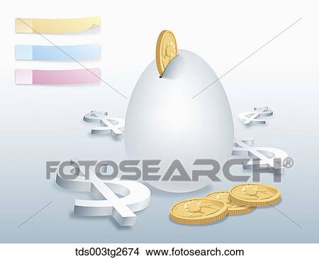 Dollar signs and egg shaped piggy bank with gold coins View Large Illustration Stock Illustration - Dollar signs and egg shaped piggy bank with gold coins. Fotosearch