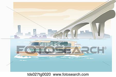 Clipart - Drawing of a Korea Han river and a cruise ship. Fotosearch