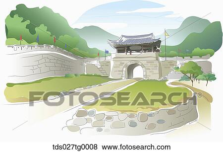 Stock Illustration - Drawing of a Korea mountain fortress. Fotosearch
