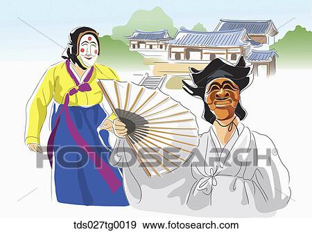 Stock Illustration - Drawing of a Korea traditional mask dance. Fotosearch
