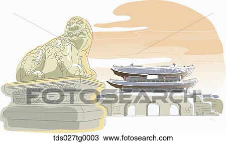 Drawing of a Korean palace gate and Haechi View Large Illustration Drawing - Drawing of a Korean palace gate and Haechi. Fotosearch