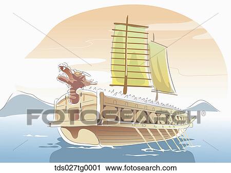 Drawing of a Korean Turtle ship View Large Illustration Clip Art - Drawing of a Korean Turtle ship. Fotosearch
