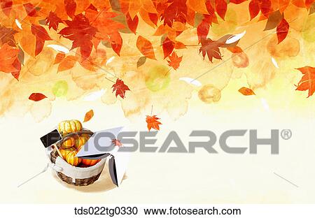 Fallen leaves and a basket of pumpkins View Large Illustration Clipart - Fallen leaves and a basket of pumpkins. Fotosearch