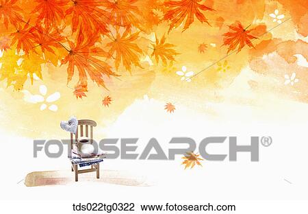 Fallen leaves and a chair with a cup of coffee View Large Illustration Drawing - Fallen leaves and a chair with a cup of coffee. Fotosearch