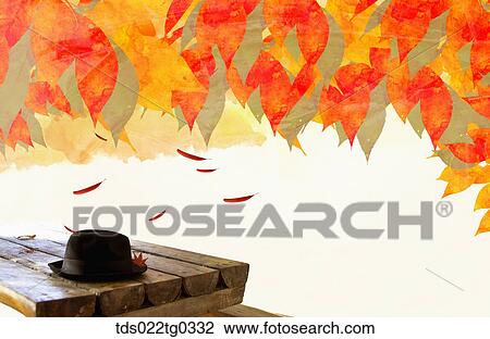 Drawing - Fallen leaves and a fedora on a wooden bench. Fotosearch