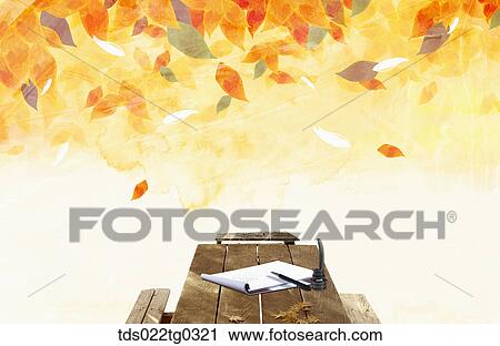 Clip Art - Fallen leaves and a letter pad with a fountain pen. Fotosearch