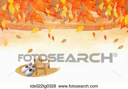 Fallen leaves and a wooden bench View Large Illustration Stock Illustration - Fallen leaves and a wooden bench. Fotosearch