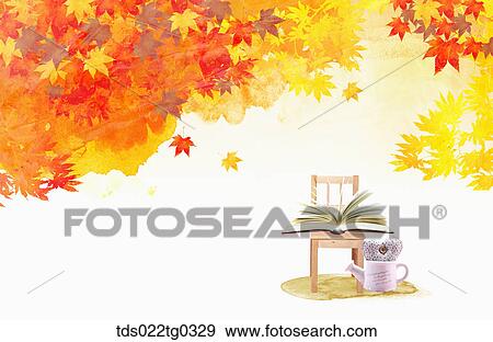 Fallen leaves and an open book on a chair View Large Illustration Stock Illustration - Fallen leaves and an open book on a chair. Fotosearch